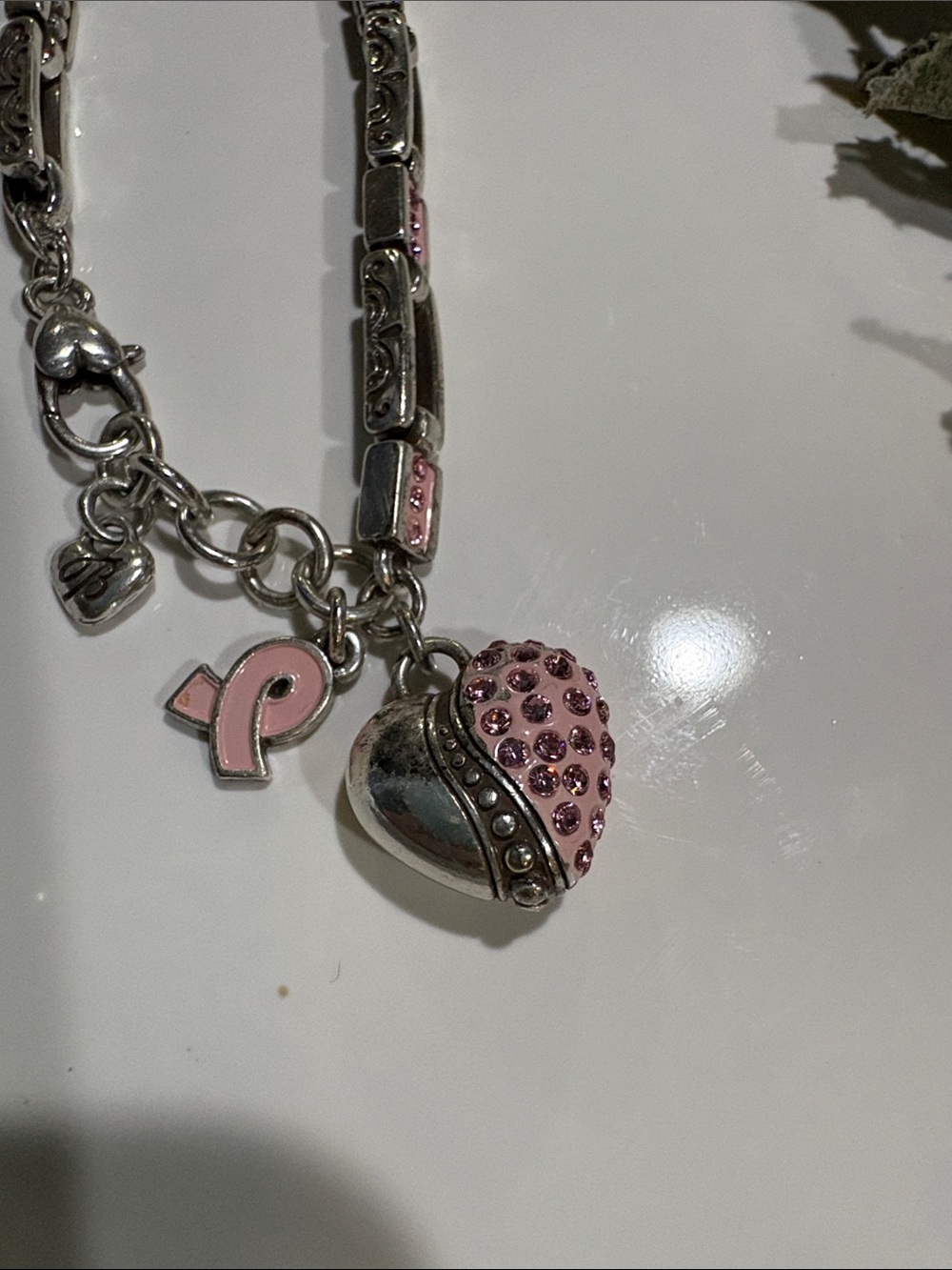 Brighton Silver Breast cancer braceletwith Pink Crystal Heart Pink Ribbon Charm
